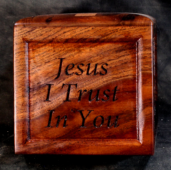 Walnut Urn with Jesus on the Mountain Handmade (AA31)
